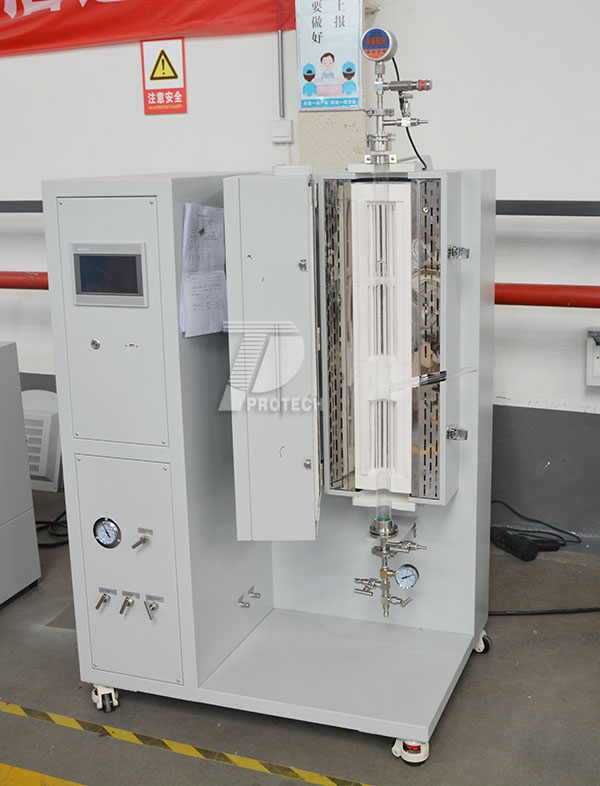 Actual photo of vertical dual temperature zone CVD coating tube furnace