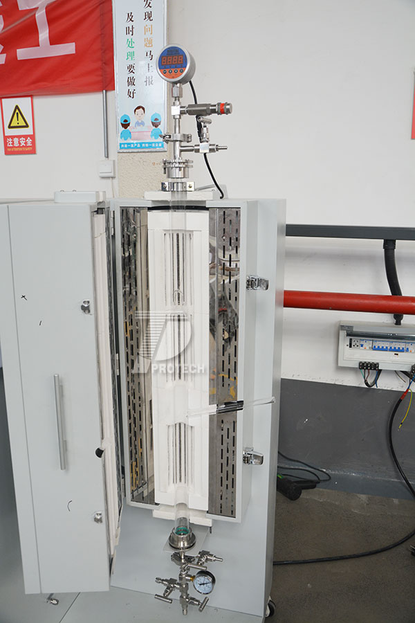 Actual photo of vertical dual temperature zone CVD coating tube furnace