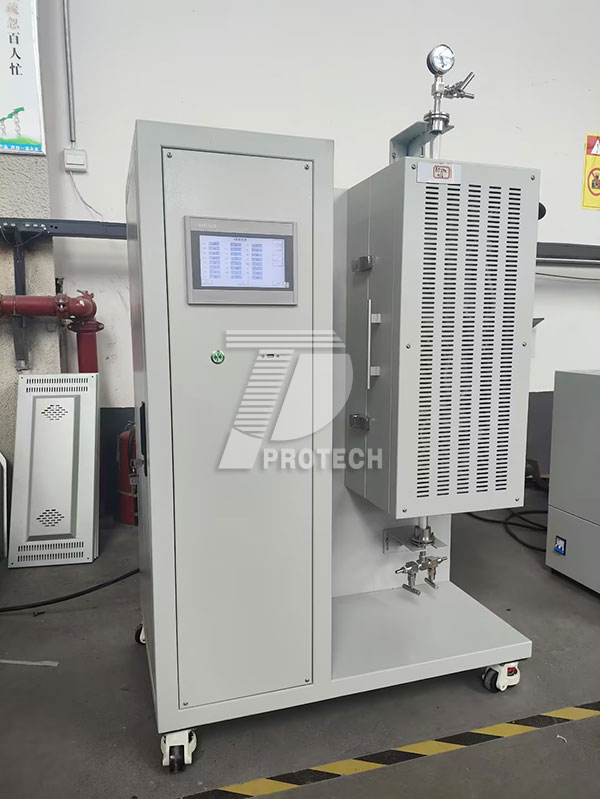 Touchscreen version of vertical fluidized bed tube furnace with five temperature zones, photographed in real life