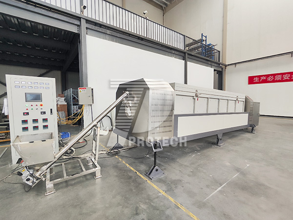 Actual photo of a large diameter rotary furnace with multiple temperature zones for continuous feeding and discharging